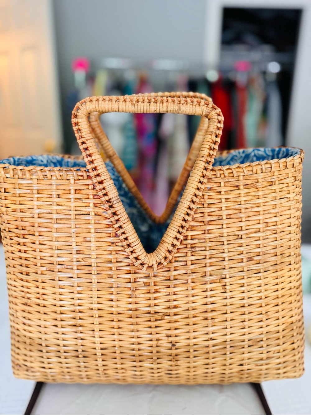 Woven Straw Tote with Blue Interior